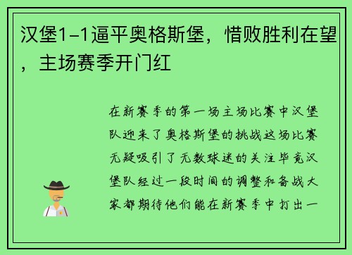 汉堡1-1逼平奥格斯堡，惜败胜利在望，主场赛季开门红